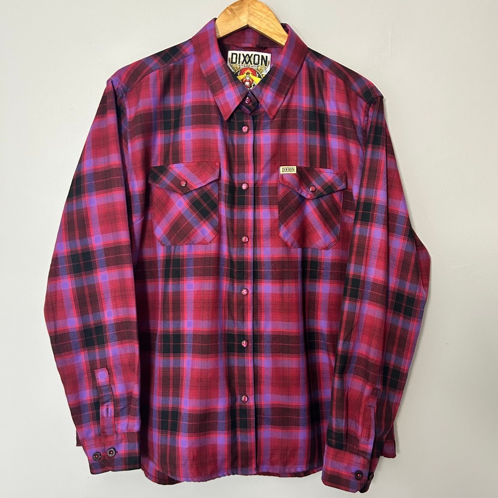 Dixxon Flannel Shirt Sailor's Delight Women 2X Purple Red Plaid Pearl Snap Moto